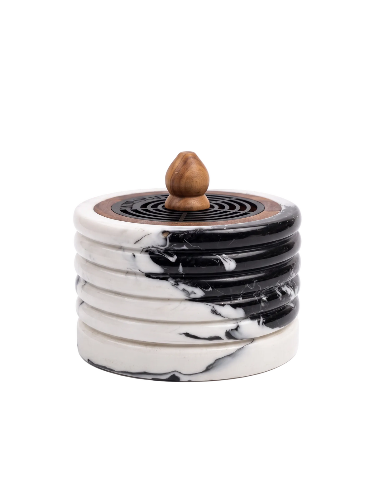 A cylindrical incense burner with a black and white marble-patterned body, a dark metal wind guard, and a small wooden knob on top, photographed on a clean white background.
